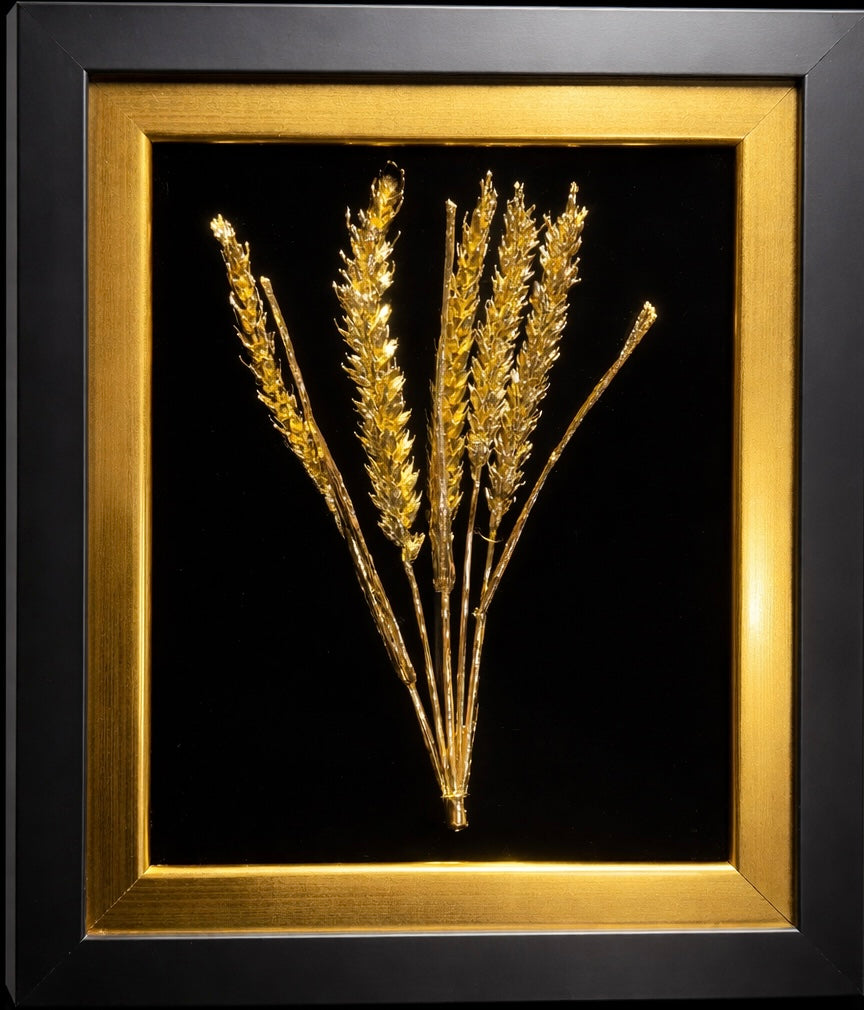 A trio of gilded wheat ears in a frame