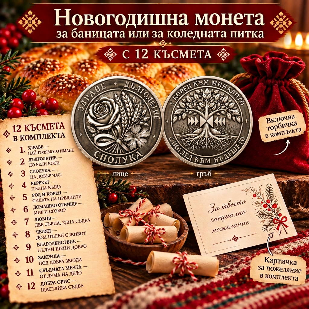 "Новогодишна монета за баницата или коледната питка" + комплект с 12 хартиени късмета